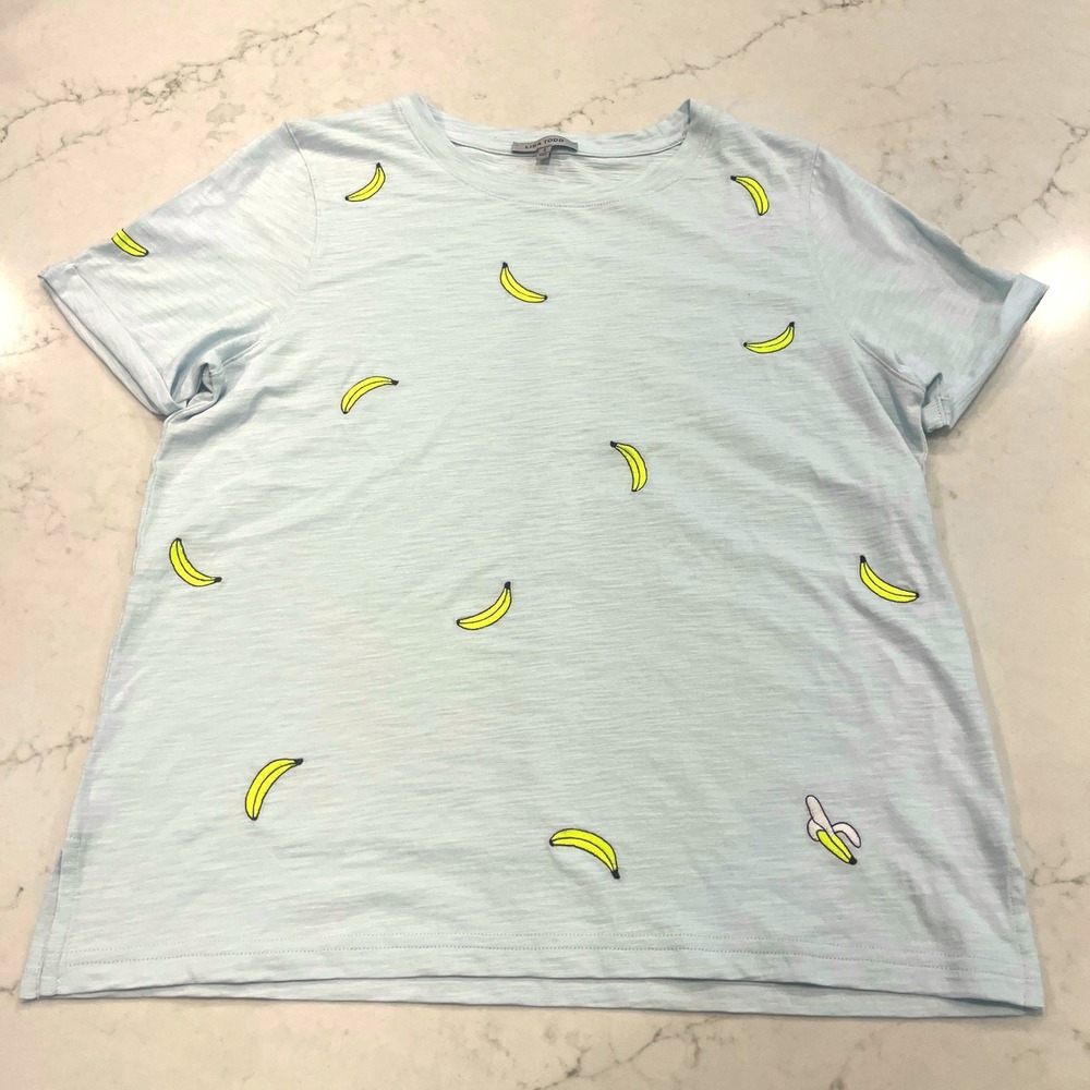 Lisa Todd Banana Embroidered T-Shirt Womens Small Blue Haze Cotton Slub Tee‎